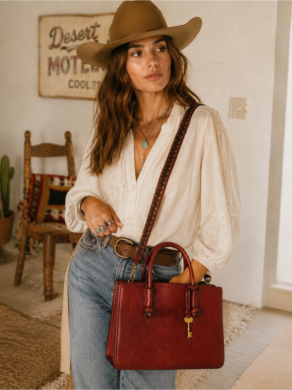Fossil Genuine Leather Satchel | Burgundy Pebbled Leather | Brass key Charm